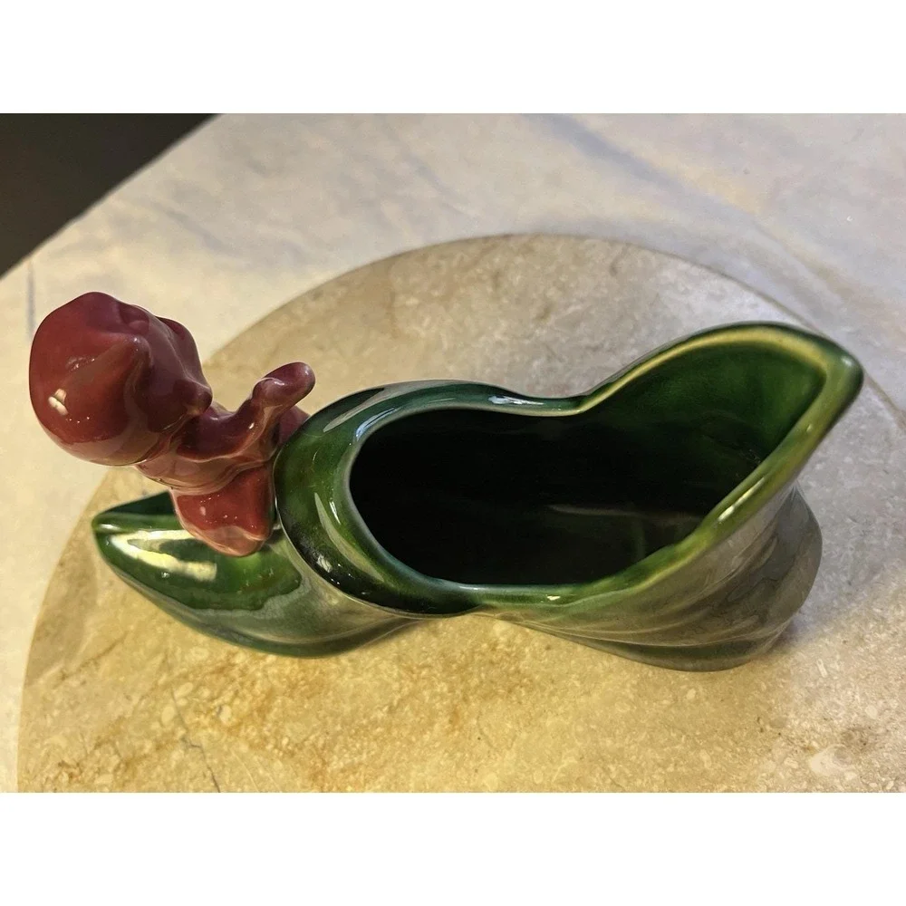 MCM Ceramic Pink Elf on A Green Boot Planter Pixie Planter Excellent Condition